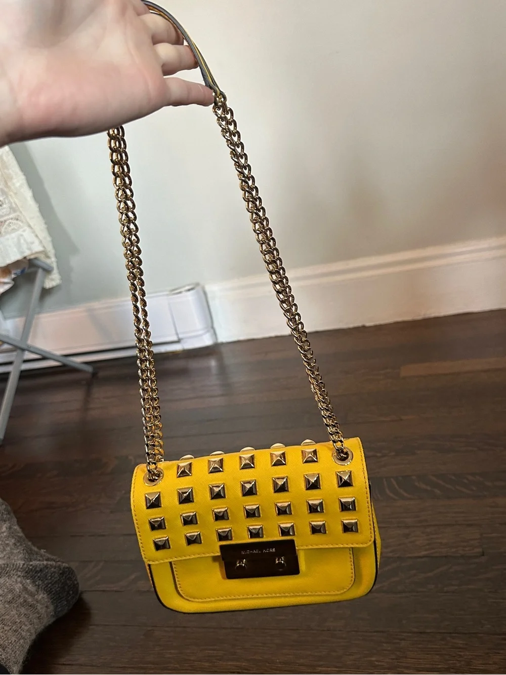 Michael Kors Yellow Studded Leather Chain Shoulder Crossbody
